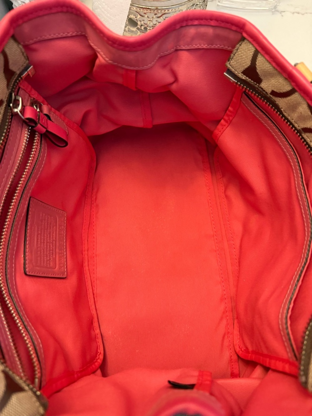 Coach Beige Signature Canvas Tote with Pink Trim and Tan Handles - Picture 6 of 11